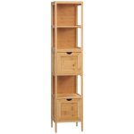 Colonne salle de bain bambou - armoire haute 3 �tag�res 2 tiroirs - anti - basculement - bois naturel ...