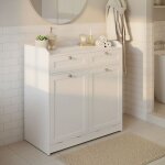 Colonne de salle de bain avec panier � linge 2 tiroirs sac amovible poign�es blanc