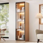 Colonne vitr�e merax vitrine en verre led 40 � 40 � 165 cm finition ch�ne avec porte vitr�e et �clairage ...