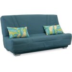 Comfort bultex banquette clic - clac - 3 places - tissu bleu + coussins déco jungle Comfort bultex banquette clic - clac - 3 places - tissu bleu + coussins déco jungle