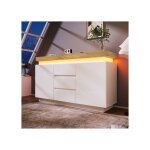 Commode 140 cm blanc laqu� brillant ? led avec commande app & toucher 2 portes + 3 tiroirs tablette r�glable ...