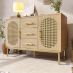 Commode avec 3 tiroirs et 2 portes en rotin �tag�re r�glable maisentiel