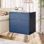 Commode 3 tiroirs - 60x40x70cm - avec texture cannel�e et pieds dor�s - meuble de rangement - bleu fonc� ...