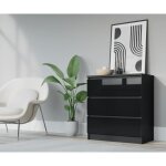 Commode 3 tiroirs 70cm couleur: noir mat - noir brillant meuble de rangement armoire chambre adulte l: ...