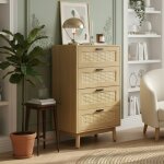 Commode 4 tiroirs - 55x40x95cm - effet ch�ne & cannage rotin - style boh�me naturel - pieds bois massif ...