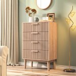 Commode 4 tiroirs - 60x34x91cm - style nordique - meuble de rangement design � lattes pour chambre salon ...