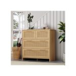 Commode 4 tiroirs 80 cm en rattan naturel ? poign�es en bois massif ? meuble de rangement salon / chambre ...