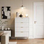 Commode 4 tiroirs blanc - 60lx34px91h cm - meuble de rangement - poign�es et pieds dor�s - moderne - ...