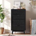 Commode 4 tiroirs - fa�ade rotin / osier tress� - style naturel scandinave - pieds en bois massif - 55x39. ...