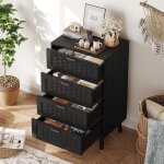 Commode 4 tiroirs noire grande capacit� tressage imitation rotin pvc anti - basculement meuble rangement ...
