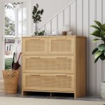 Commode - 4 tiroirs rotin avec poign�es bois design contemporain et naturel structure mdf + bois massif ...