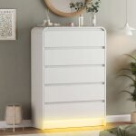 Adwolt commode 5 tiroirs avec led rangement spacieux 73x40x110cm pour chambre salon bureau blanc