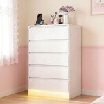 Commode 5 tiroirs blanche avec led - bois de qualit� et anti - basculement - design sans poign�e - chambre ...