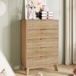 Commode 5 tiroirs - meubles de rangement buffet avec poign�e golden - effet lattes tasseau bois coloris ...