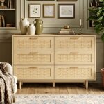 Commode 6 tiroirs - 115x40x80cm - ambiance - fa�ades effet rotin tress� et pieds bois - grand meuble ...