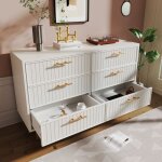 Commode 6 tiroirs 120x40x75 cm rangement pieds et poign�es dor�s design stri� panneau de particules blanc ...