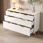 Commode 6 tiroirs blanche et or meuble de rangement moderne avec fa�ades brillant buffet bas salon chambre ...