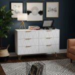 Commode 6 tiroirs double - fa�ade � motif g�om�trique - poign�es et pieds dor�s - meuble de rangement ...