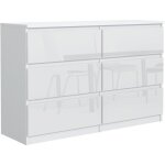 Commode 6 tiroirs - meblocker - blanc brillant 140 cm - meuble de rangement spacieux - salon bureau chambre ...