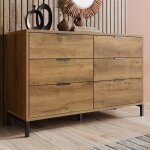 Commode 6 tiroirs meubles de rangement buffet commode chambre avec poign�e noire style industriel (ch�ne ...
