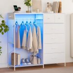 Commode 6 tiroirs avec penderie et lumi�res led ? armoire de rangement en tissu structure m�tal / bois ...