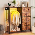 Commode 6 tiroirs avec penderie et lumi�res led ? armoire de rangement en tissu structure m�tal / bois ...
