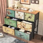 Commode 7 tiroirs en tissu - 100x30x78cm - avec motifs r�tro floraux cadre m�tallique robuste et dessus ...