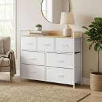 Commode 7 tiroirs en tissu cadre en m�tal style moderne blanc et beige