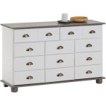 Commode colmar chiffonnier apothicaire rangement avec 11 tiroirs en pin massif lasur blanc et taupe