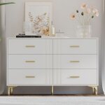 Commode blanche 6 tiroirs avec poign�es dor�es meuble de rangement moderne sur pieds m�talliques 120�40�76 ...