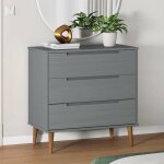 Commode en bois de pin - vidaxl - 80x40x80 cm - gris - bois de pin massif - finition vernis uv - 3 tiroirs ...