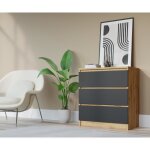 Commode - meuble de chambre - ch�ne wotan et noir - 3 tiroirs - 70cm x 39cm x 79cm - contemporain