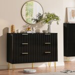 Commode chambre 6 tiroirs meuble rangement moderne � poign�es & pieds dor�s 100x34x73 cm pour salon / ...