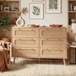 Commode de chambre - 6 tiroirs en rotin - style boh�me chic - pieds en bois massif - ch�ne naturel