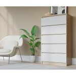 Commode chambre - chne sonoma - blanc - 5 tiroirs - style scandinave - moderne