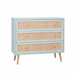 Commode en d�cor bois vert c�ladon et cannage 90x39x79cm - boh�me - 3 tiroirs