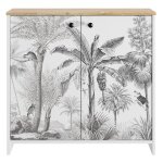 Commode motaca fabriquée en aggloméré et imprimée dun motif jungle. Équipé de deux portes. Commode motaca fabriquée en aggloméré et imprimée dun motif jungle. Équipé de deux portes.