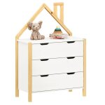 Commode enfant elano en bois massif coloris naturel et blanc avec 3 tiroirs de rangement 84 x 120 x 41 ...