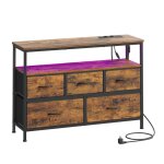 Commode avec led r�glable et multiprise 5 tiroirs en tissu style moderne chambre marron et noir