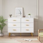 Commode moderne - lunsy - 6 tiroirs - 106x40x85 cm - blanc - poign�es dor�es - mdf haute qualit� - pieds ...