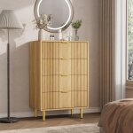 Commode moderne en mdf - lunsy - motif ondul� en ch�ne - 60x40x94 cm - beige - 4 tiroirs - r�sistante ...