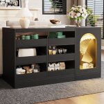 Commode noire led avec 6 tiroirs et porte ajour�e - buffet moderne pour salle � manger ou salon 120�40�75 ...