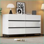 Commode sideboard - 6 tiroirs - finition brillant - pieds m�tal - blanc / noir
