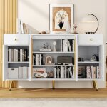 Commode avec tiroirs et portes - 140x35x82 cm - naturel et blanc - panneau de particules - 2 tiroirs ...