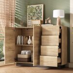 Commode avec tiroirs et portes - l120 x p35. 5 x h90. 5 cm - naturel et noir - panneau de particules ...