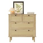 Commode � tiroirs en rotin - naturel - 80x40x80 cm - quatre tiroirs spacieux - pieds en bois massif