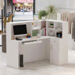 Comptoir d?accueil en forme de l avec plan de travail 2 tiroirs et 1 porte salon 142x82x123cm blanc