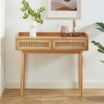 Console - ba�ta - gamme leon - placage ch�ne et cannage rotin - l 100 x p 35 x h 85 cm