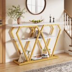 Console effet marbre 120 cm avec pieds m�tal dor� plateau mdf rangement ouvert pour entr�e et salon