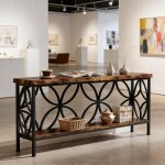 Console industrielle 160x295x80cmplacage bois vintage + cadre m�tal noir�tag�res ouvertes robustepolyvalente ...